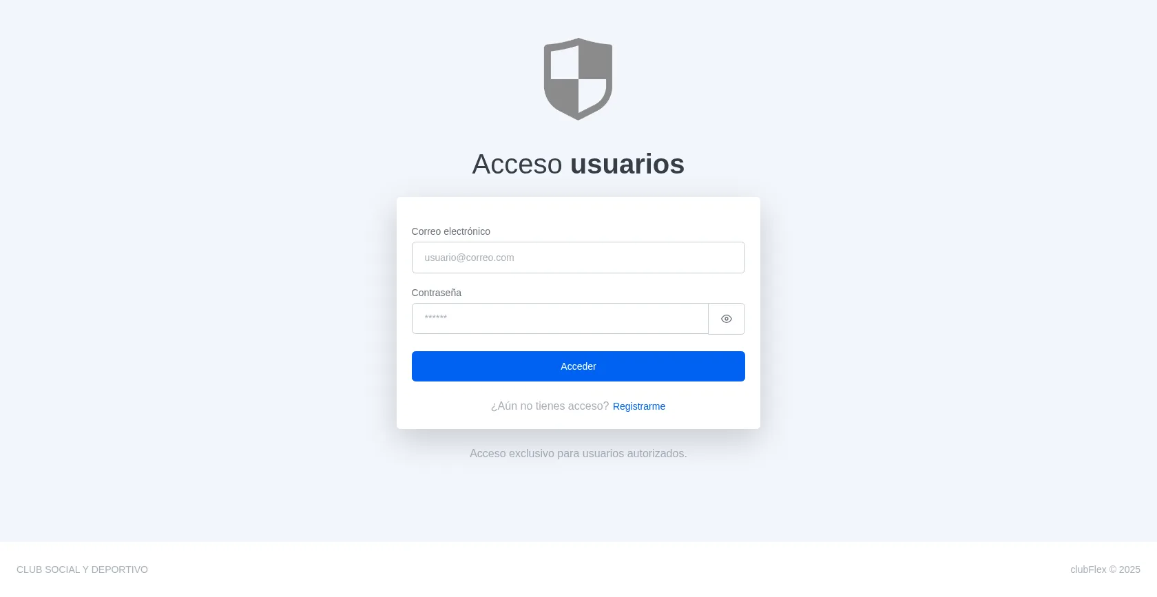 Pantalla de acceso al portal del socio de ClubFlex